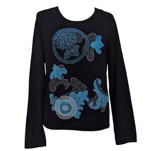 New Spanner Black Royal Blue Gray Floral Leave Abstract Sweater Top Crew Neck XL